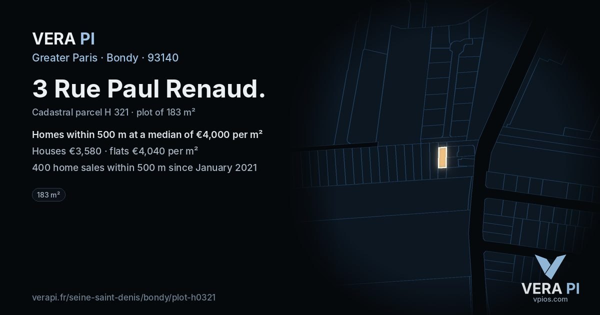3 Rue Paul Renaud, Bondy at night – the plot lit, the parcels around coloured by the prices near them