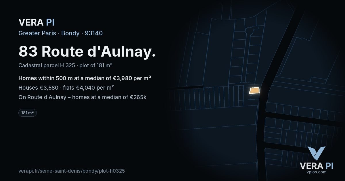 83 Route d'Aulnay, Bondy at night – the plot lit, the parcels around coloured by the prices near them
