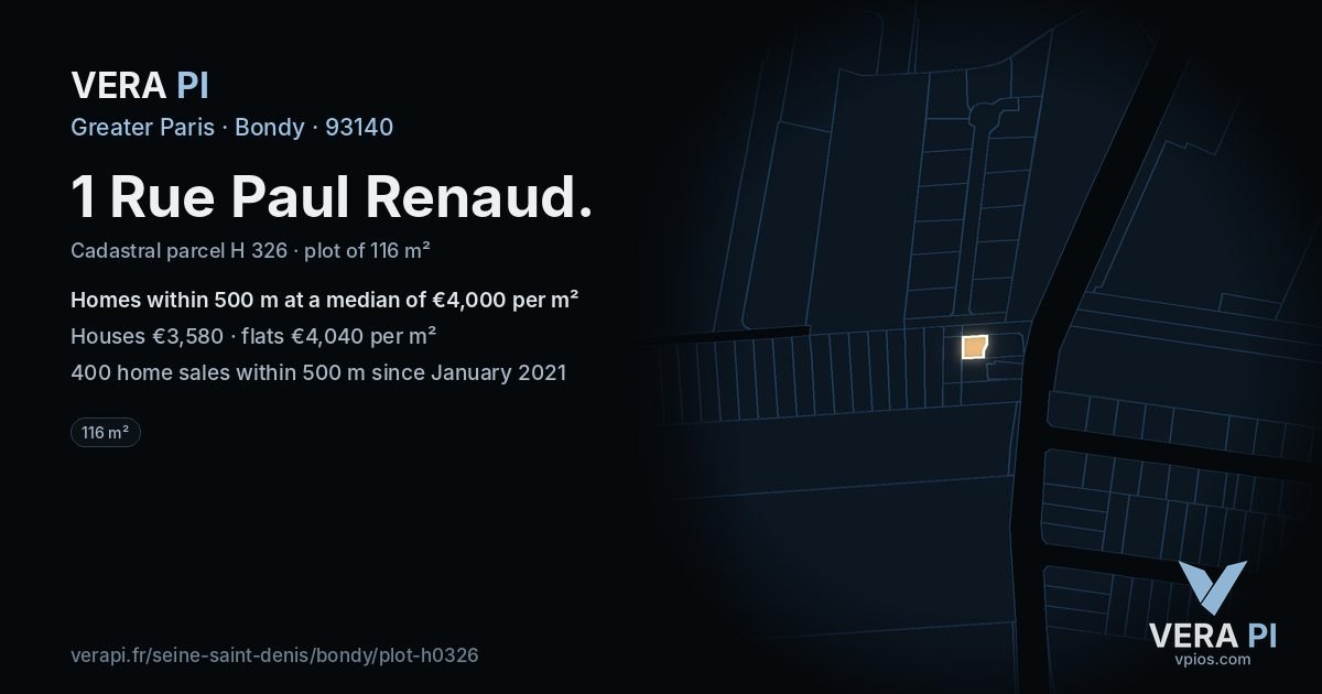 1 Rue Paul Renaud, Bondy at night – the plot lit, the parcels around coloured by the prices near them