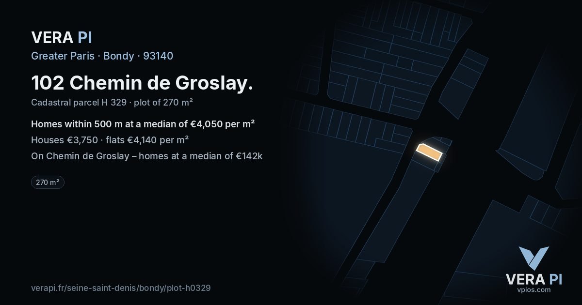 102 Chemin de Groslay, Bondy at night – the plot lit, the parcels around coloured by the prices near them