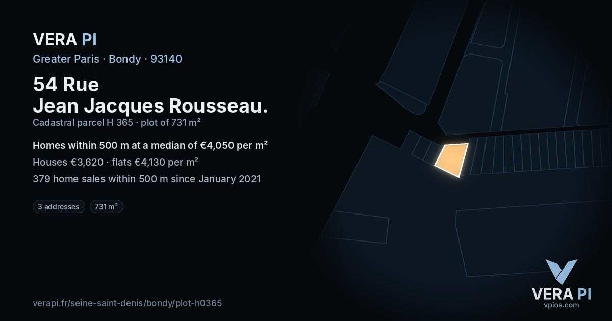 54 Rue Jean Jacques Rousseau, Bondy at night – the plot lit, the parcels around coloured by the prices near them