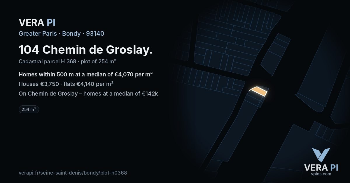 104 Chemin de Groslay, Bondy at night – the plot lit, the parcels around coloured by the prices near them