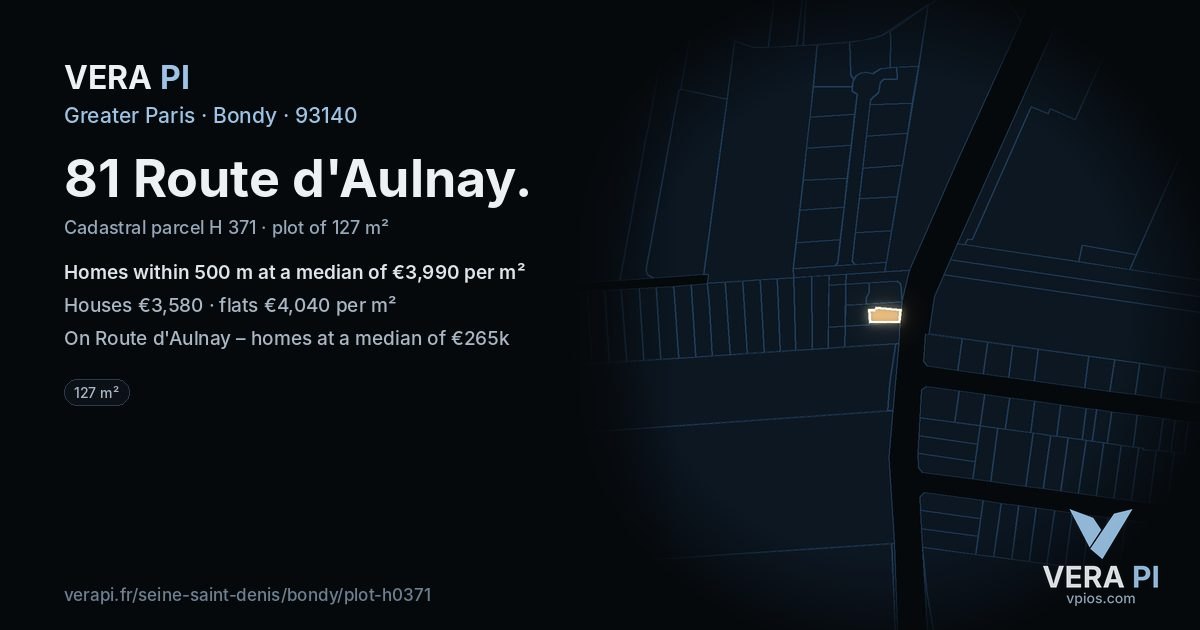 81 Route d'Aulnay, Bondy at night – the plot lit, the parcels around coloured by the prices near them