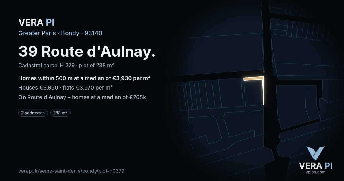 39 Route d'Aulnay, Bondy at night – the plot lit, the parcels around coloured by the prices near them