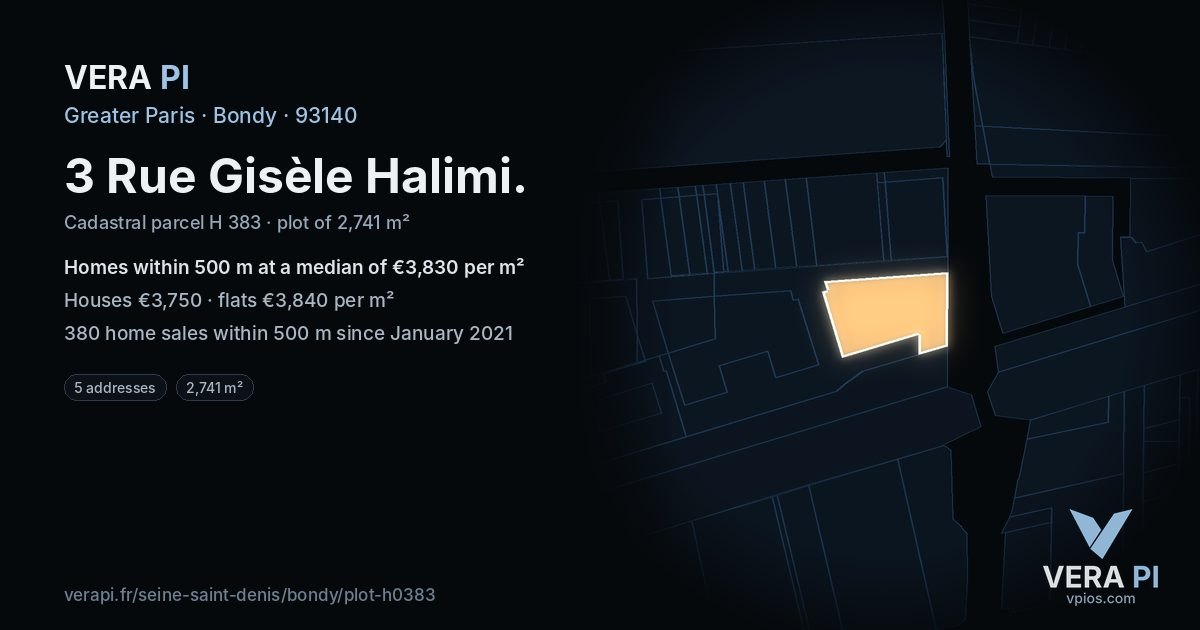 3 Rue Gisèle Halimi, Bondy at night – the plot lit, the parcels around coloured by the prices near them