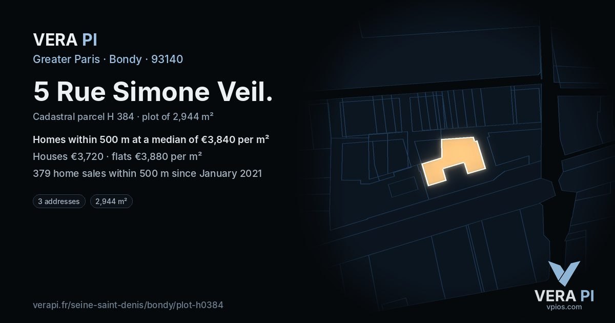 5 Rue Simone Veil, Bondy at night – the plot lit, the parcels around coloured by the prices near them