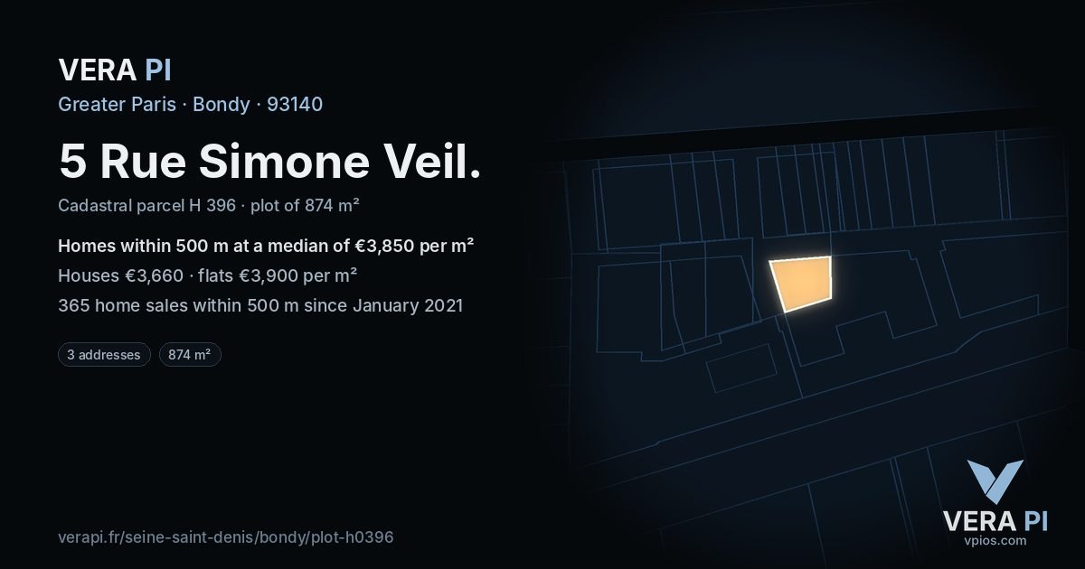 5 Rue Simone Veil, Bondy at night – the plot lit, the parcels around coloured by the prices near them