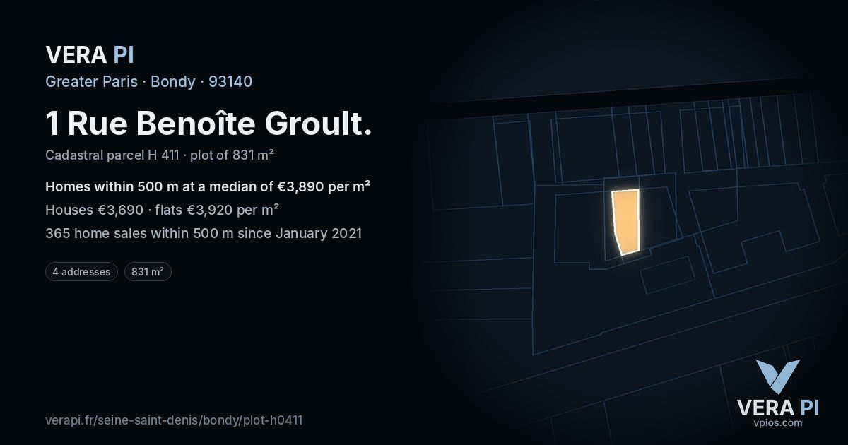 1 Rue Benoîte Groult, Bondy at night – the plot lit, the parcels around coloured by the prices near them