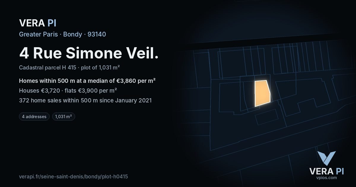 4 Rue Simone Veil, Bondy at night – the plot lit, the parcels around coloured by the prices near them