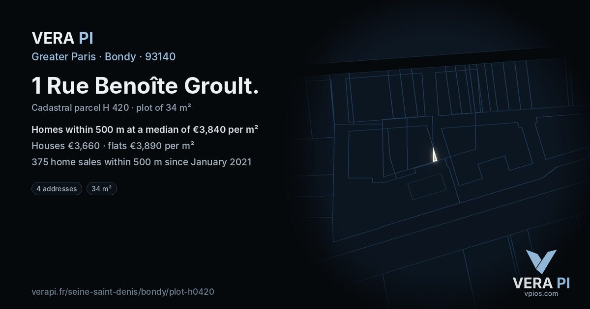 1 Rue Benoîte Groult, Bondy at night – the plot lit, the parcels around coloured by the prices near them