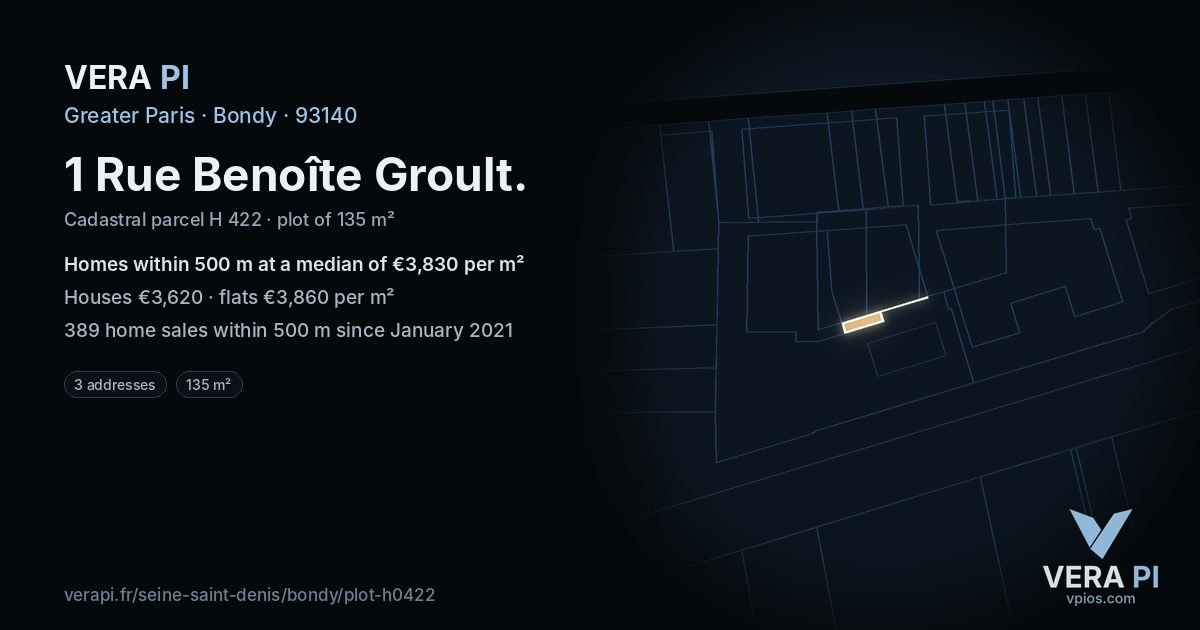 1 Rue Benoîte Groult, Bondy at night – the plot lit, the parcels around coloured by the prices near them