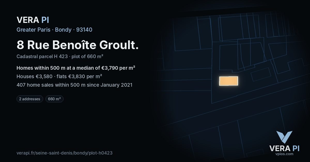 8 Rue Benoîte Groult, Bondy at night – the plot lit, the parcels around coloured by the prices near them