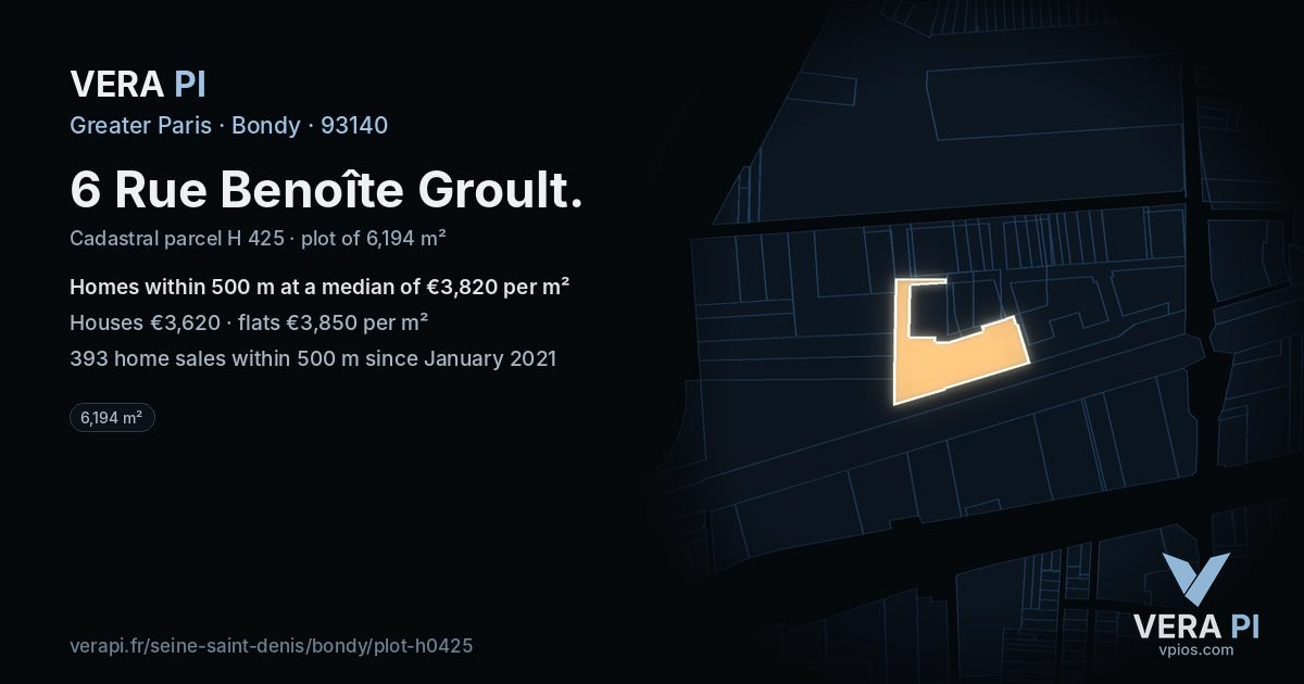 6 Rue Benoîte Groult, Bondy at night – the plot lit, the parcels around coloured by the prices near them