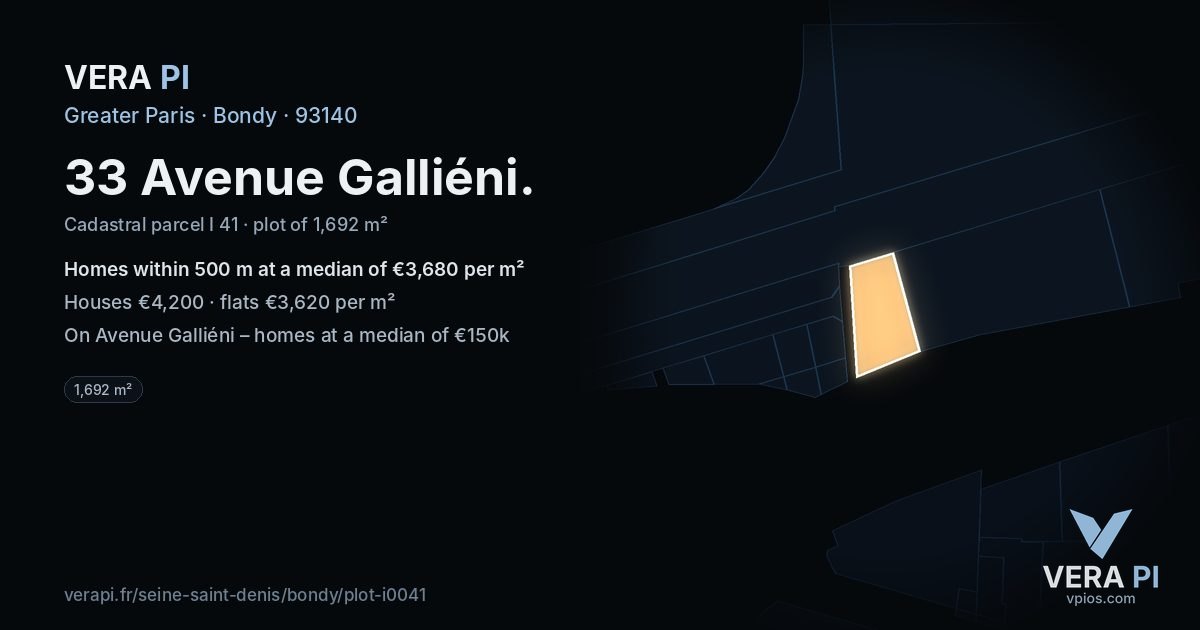 33 Avenue Galliéni, Bondy at night – the plot lit, the parcels around coloured by the prices near them