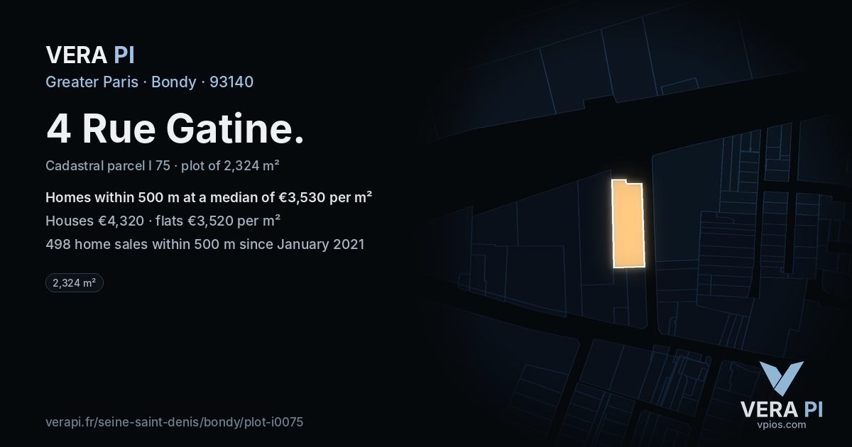 4 Rue Gatine, Bondy at night – the plot lit, the parcels around coloured by the prices near them