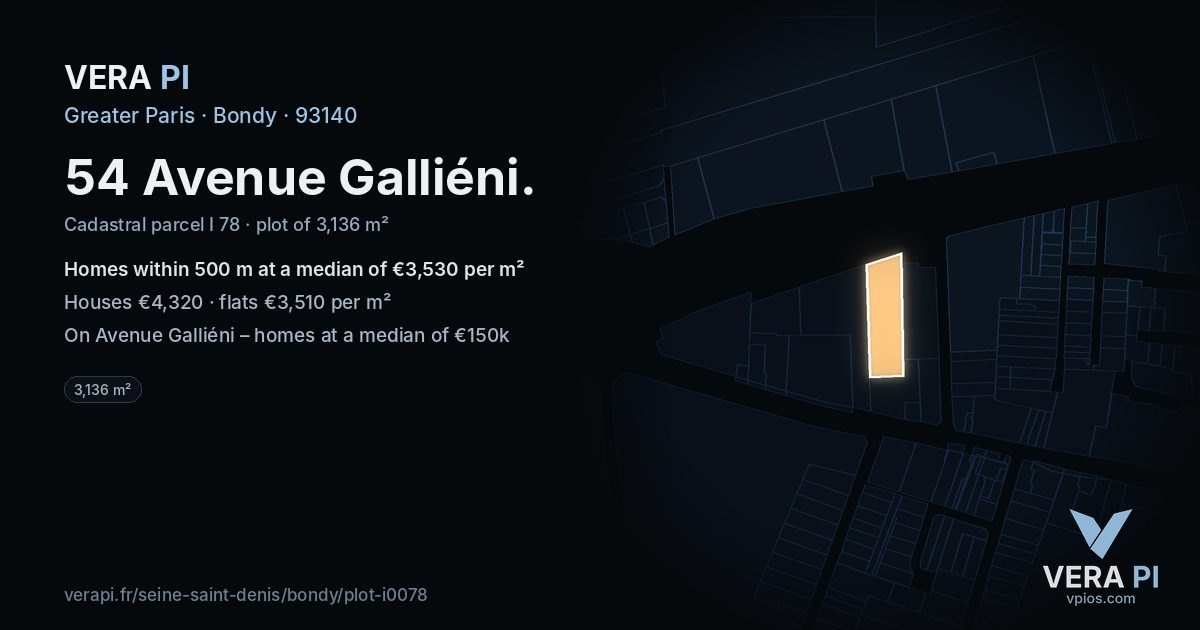 54 Avenue Galliéni, Bondy at night – the plot lit, the parcels around coloured by the prices near them