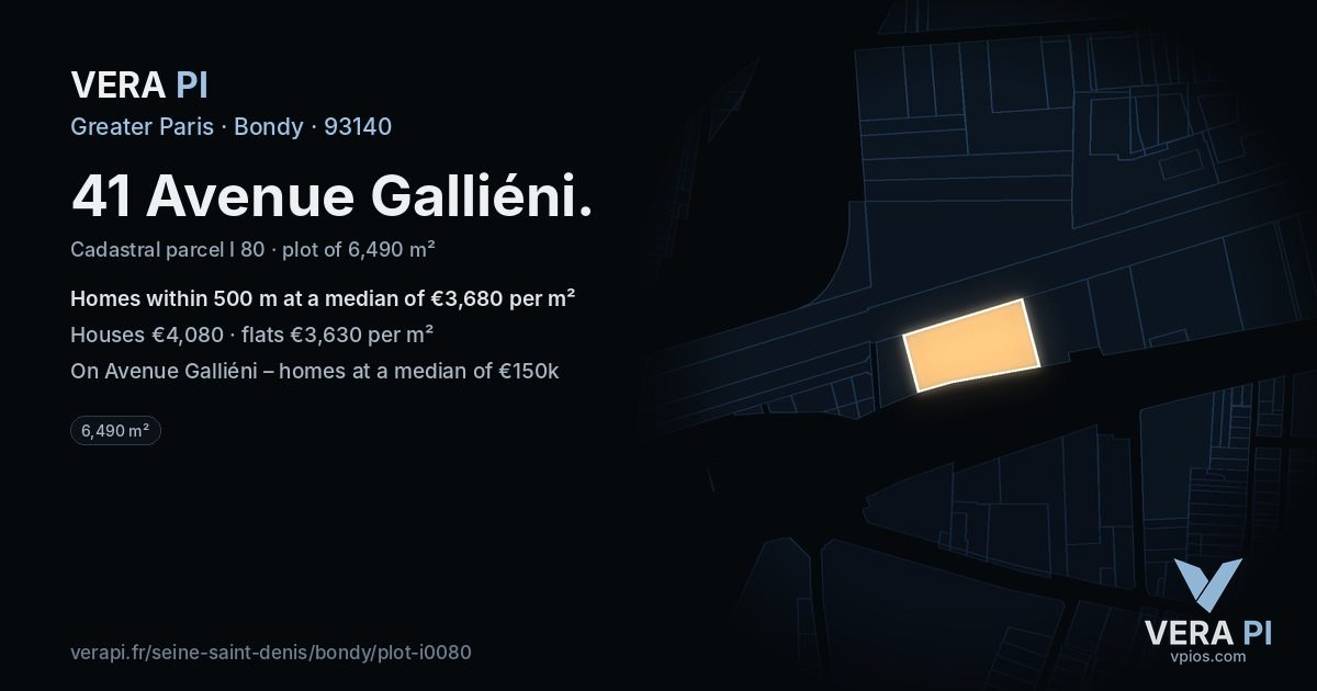 41 Avenue Galliéni, Bondy at night – the plot lit, the parcels around coloured by the prices near them