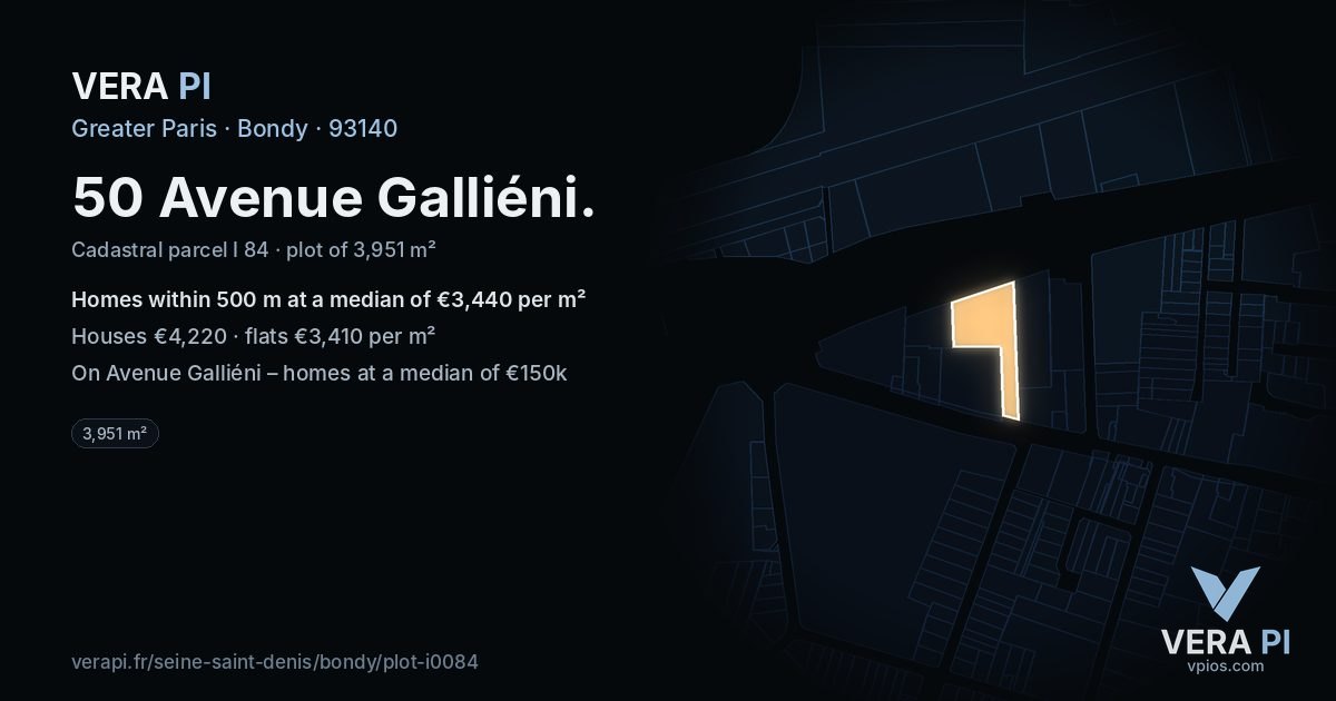 50 Avenue Galliéni, Bondy at night – the plot lit, the parcels around coloured by the prices near them
