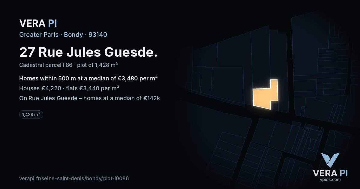 27 Rue Jules Guesde, Bondy at night – the plot lit, the parcels around coloured by the prices near them