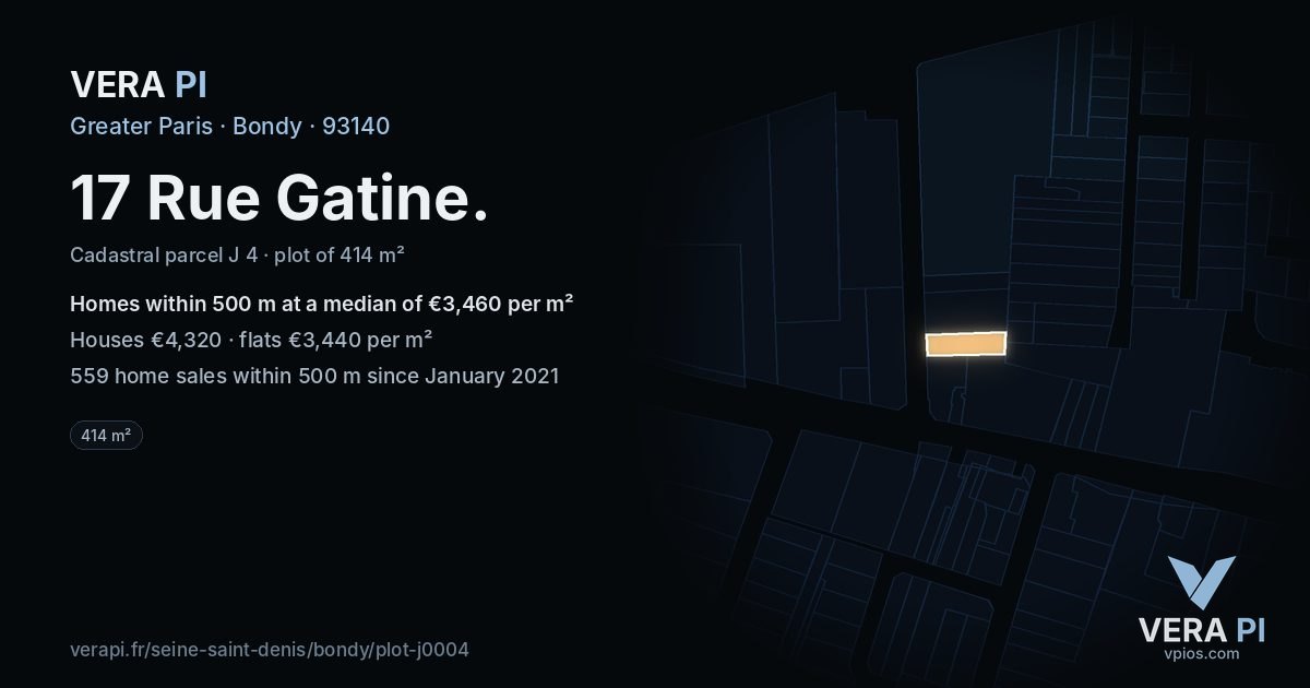 17 Rue Gatine, Bondy at night – the plot lit, the parcels around coloured by the prices near them