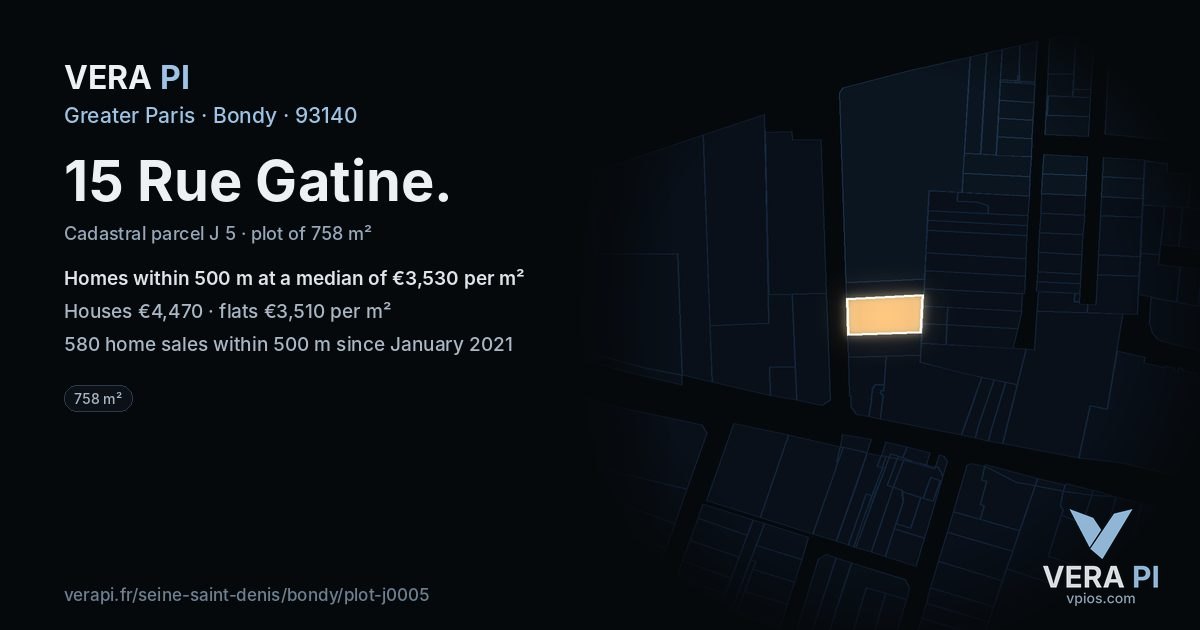 15 Rue Gatine, Bondy at night – the plot lit, the parcels around coloured by the prices near them