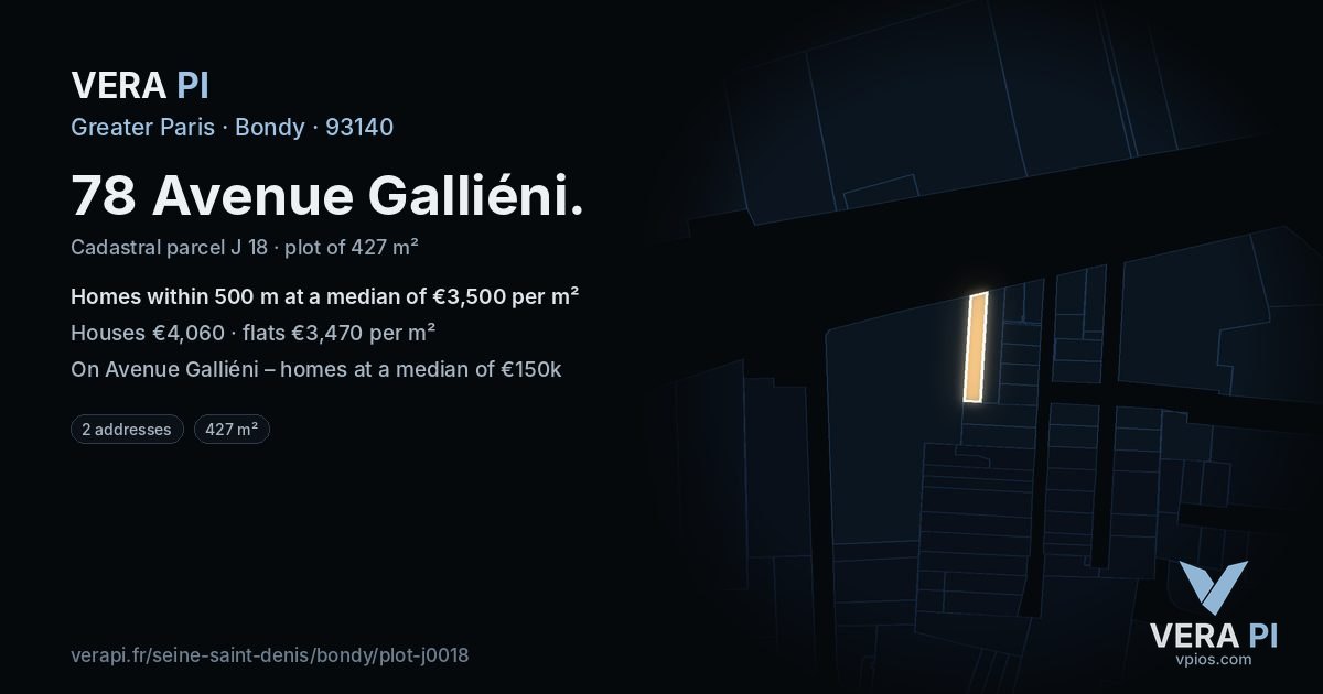 78 Avenue Galliéni, Bondy at night – the plot lit, the parcels around coloured by the prices near them
