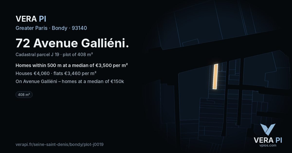 72 Avenue Galliéni, Bondy at night – the plot lit, the parcels around coloured by the prices near them
