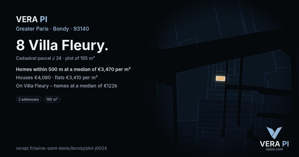 8 Villa Fleury, Bondy at night – the plot lit, the parcels around coloured by the prices near them