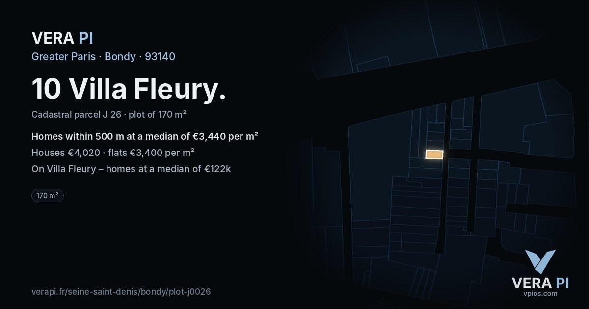 10 Villa Fleury, Bondy at night – the plot lit, the parcels around coloured by the prices near them