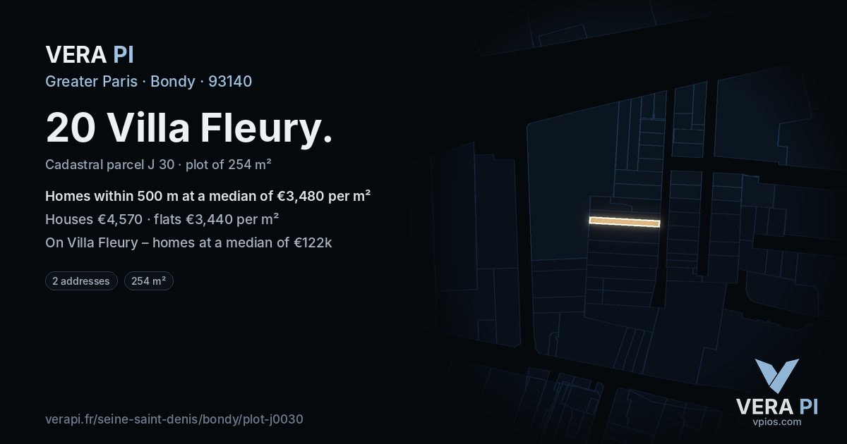 20 Villa Fleury, Bondy at night – the plot lit, the parcels around coloured by the prices near them