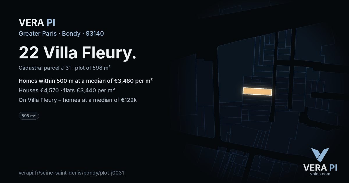 22 Villa Fleury, Bondy at night – the plot lit, the parcels around coloured by the prices near them