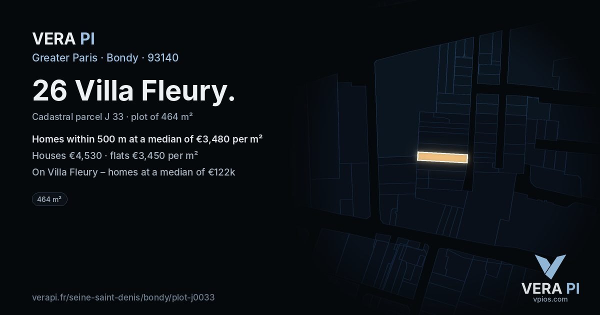 26 Villa Fleury, Bondy at night – the plot lit, the parcels around coloured by the prices near them