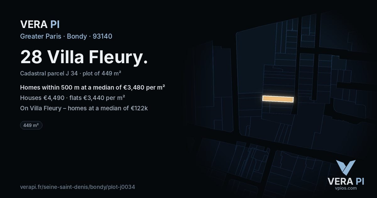 28 Villa Fleury, Bondy at night – the plot lit, the parcels around coloured by the prices near them