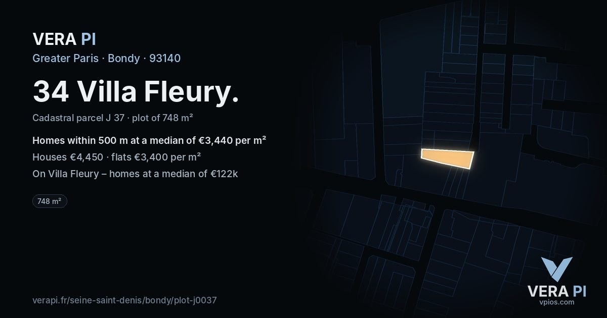 34 Villa Fleury, Bondy at night – the plot lit, the parcels around coloured by the prices near them