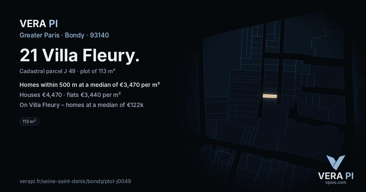 21 Villa Fleury, Bondy at night – the plot lit, the parcels around coloured by the prices near them