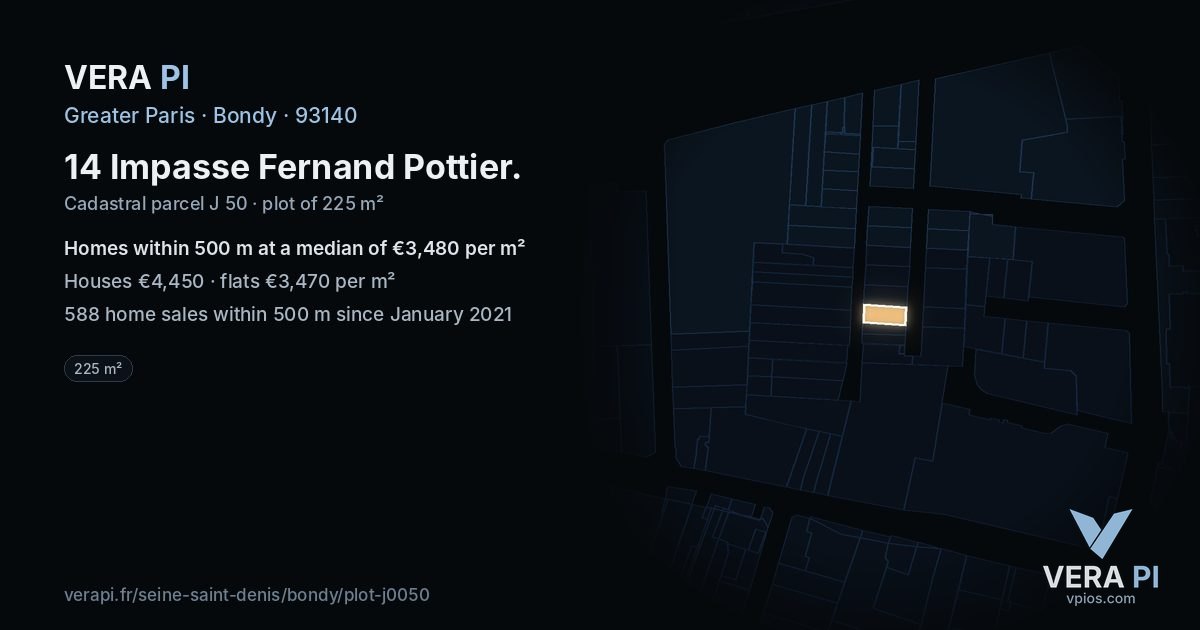 14 Impasse Fernand Pottier, Bondy at night – the plot lit, the parcels around coloured by the prices near them