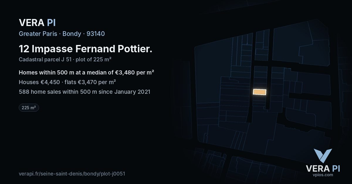12 Impasse Fernand Pottier, Bondy at night – the plot lit, the parcels around coloured by the prices near them