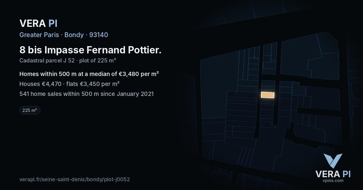 8 bis Impasse Fernand Pottier, Bondy at night – the plot lit, the parcels around coloured by the prices near them