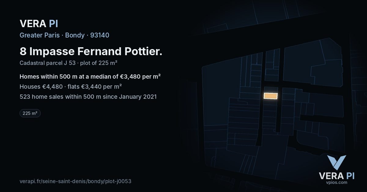 8 Impasse Fernand Pottier, Bondy at night – the plot lit, the parcels around coloured by the prices near them