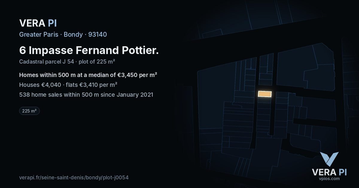 6 Impasse Fernand Pottier, Bondy at night – the plot lit, the parcels around coloured by the prices near them