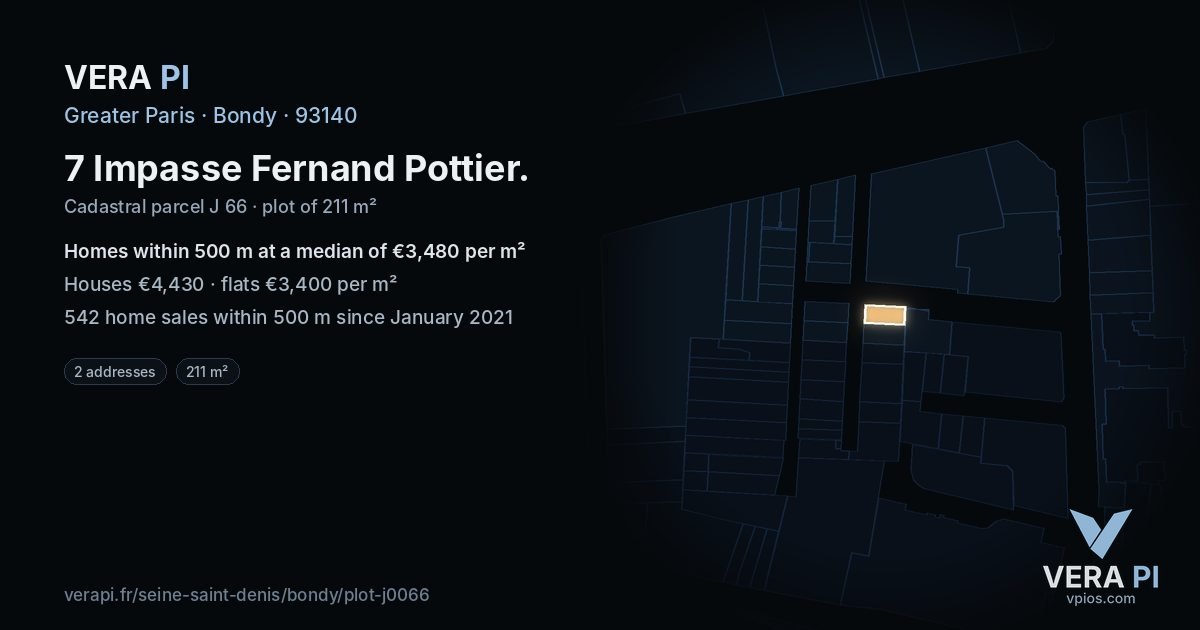 7 Impasse Fernand Pottier, Bondy at night – the plot lit, the parcels around coloured by the prices near them