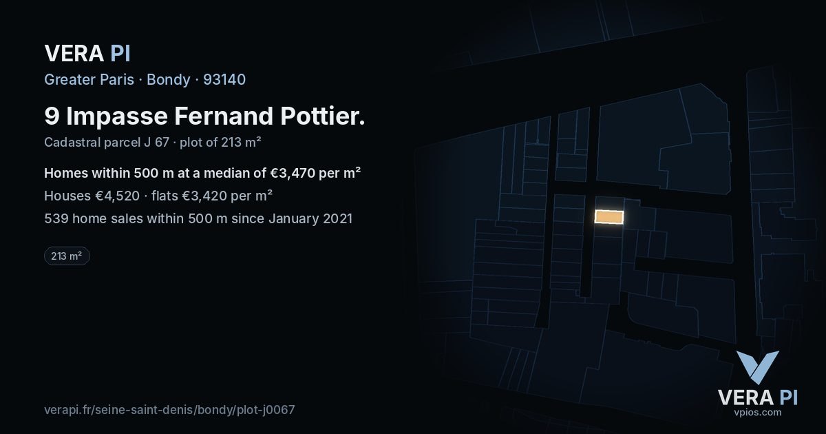 9 Impasse Fernand Pottier, Bondy at night – the plot lit, the parcels around coloured by the prices near them