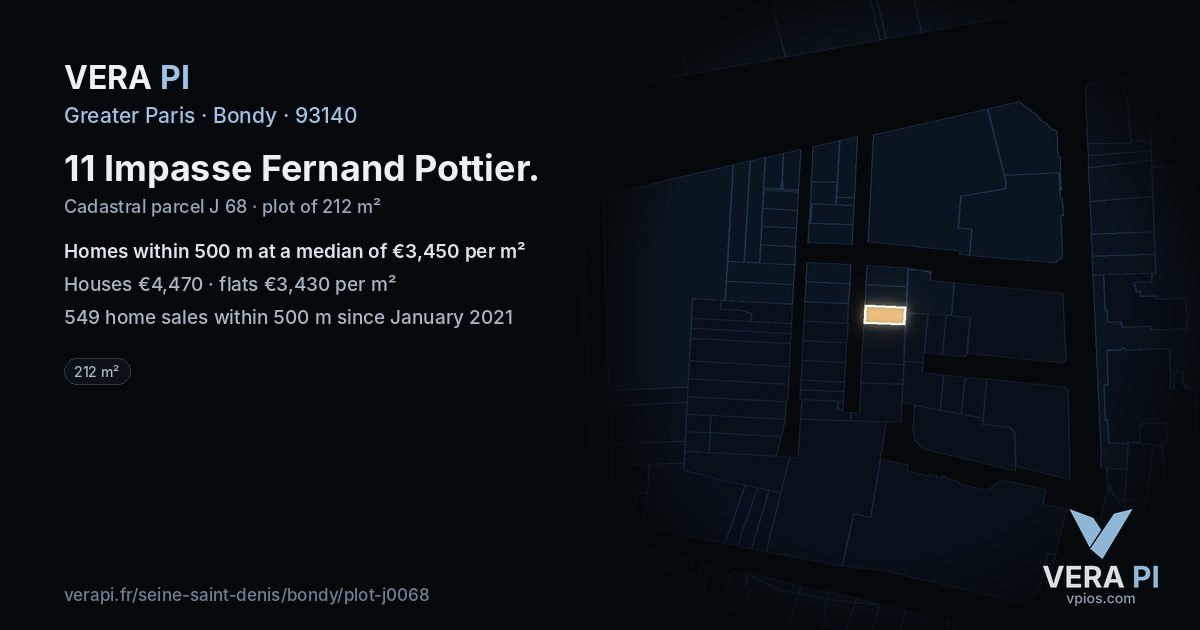 11 Impasse Fernand Pottier, Bondy at night – the plot lit, the parcels around coloured by the prices near them