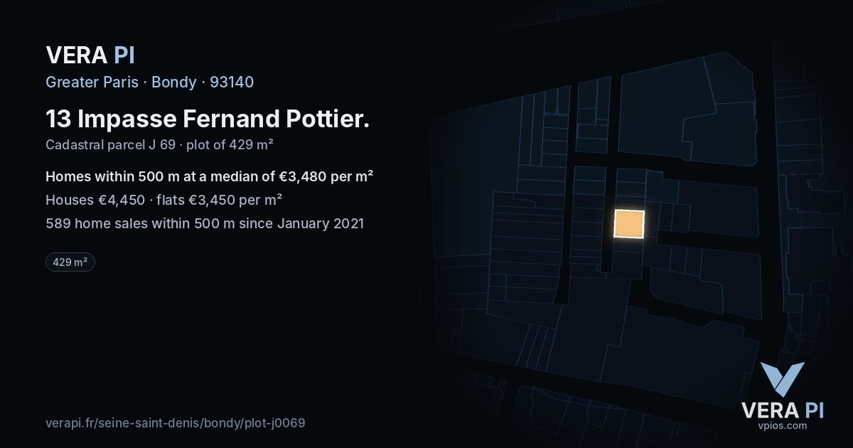 13 Impasse Fernand Pottier, Bondy at night – the plot lit, the parcels around coloured by the prices near them
