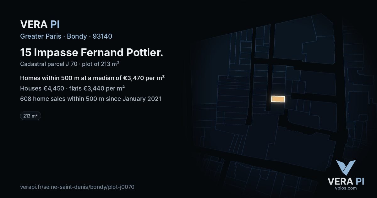 15 Impasse Fernand Pottier, Bondy at night – the plot lit, the parcels around coloured by the prices near them