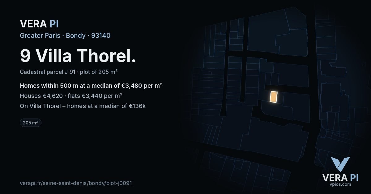 9 Villa Thorel, Bondy at night – the plot lit, the parcels around coloured by the prices near them