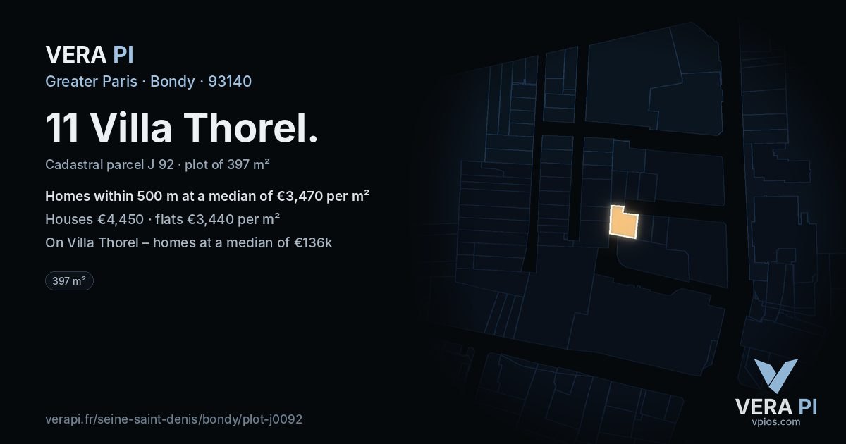11 Villa Thorel, Bondy at night – the plot lit, the parcels around coloured by the prices near them