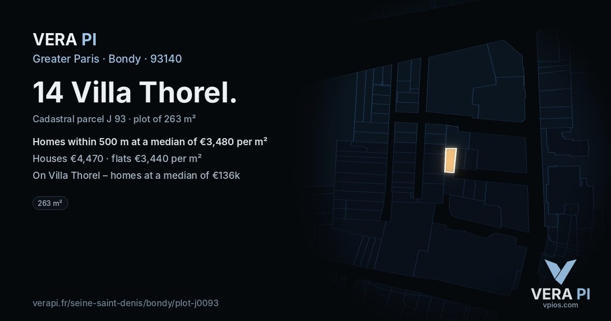 14 Villa Thorel, Bondy at night – the plot lit, the parcels around coloured by the prices near them