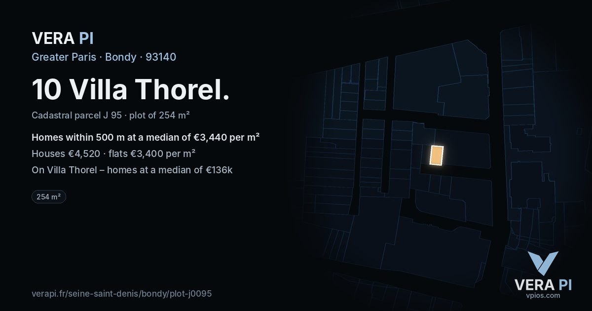 10 Villa Thorel, Bondy at night – the plot lit, the parcels around coloured by the prices near them
