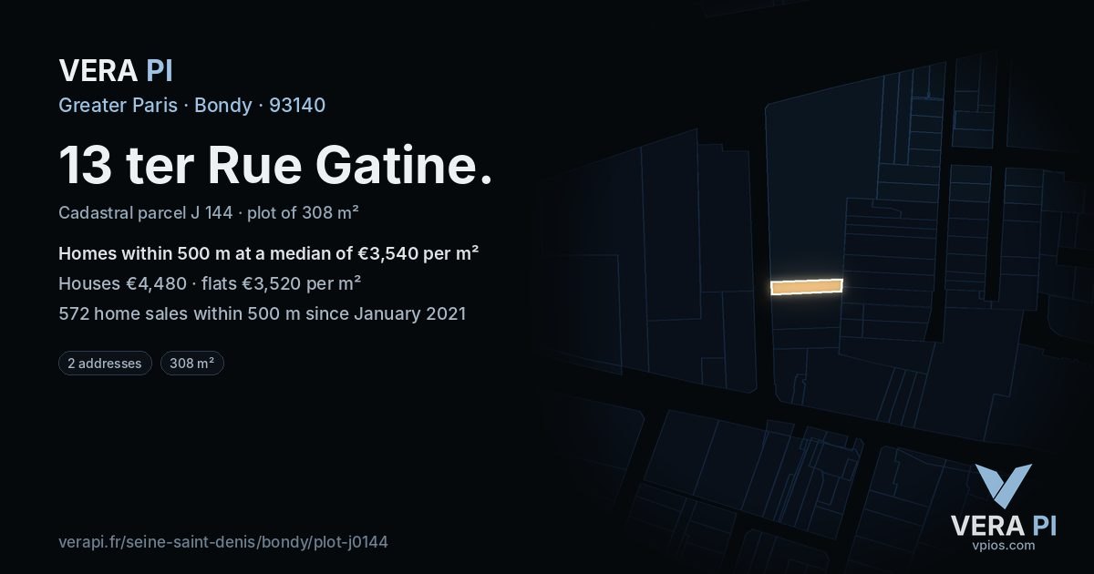 13 ter Rue Gatine, Bondy at night – the plot lit, the parcels around coloured by the prices near them